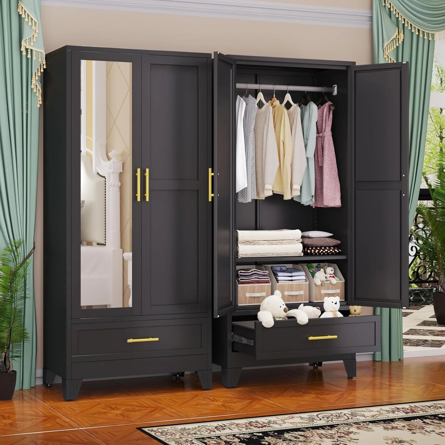 Steel Armoire Wardrobe Closet, 71" Metal Clothing Storage Cabinets