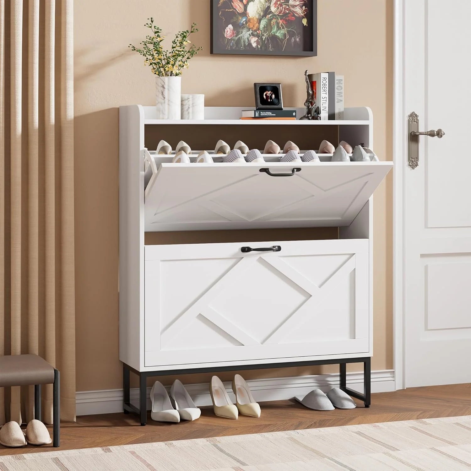 Nicetree Shoe Cabinet with 2 Flip Drawers Freestanding Shoe Storage Cabinet Narrow Shoe Cabinet