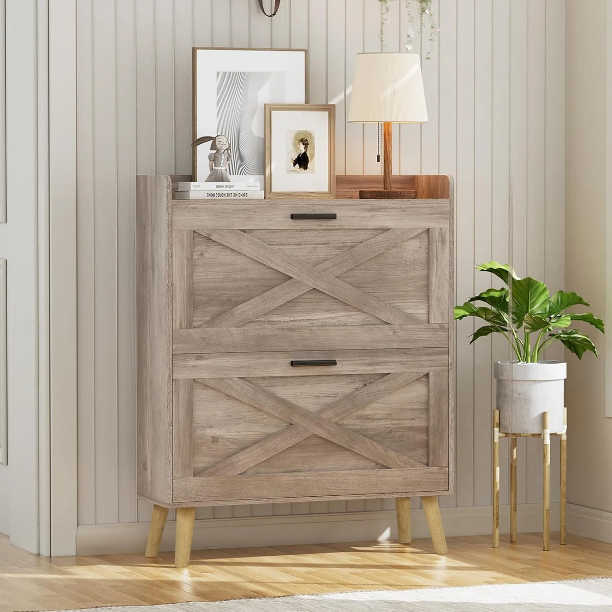 32" W Farmhouse Shoe Storage Cabinet Modern Hidden Slim Narrow Shoe Rack Cabinet