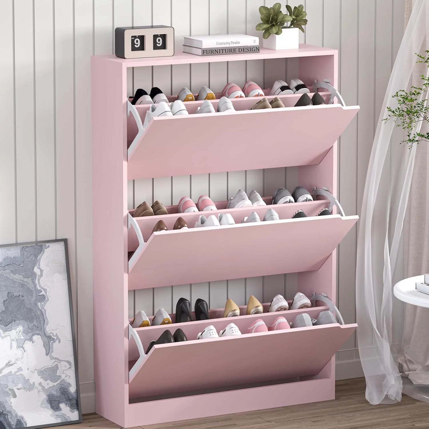 Shoe Cabinet with 3 Flip Drawers, Hidden Wood Shoe Cabinet,Freestanding Shoe Storage Cabinet