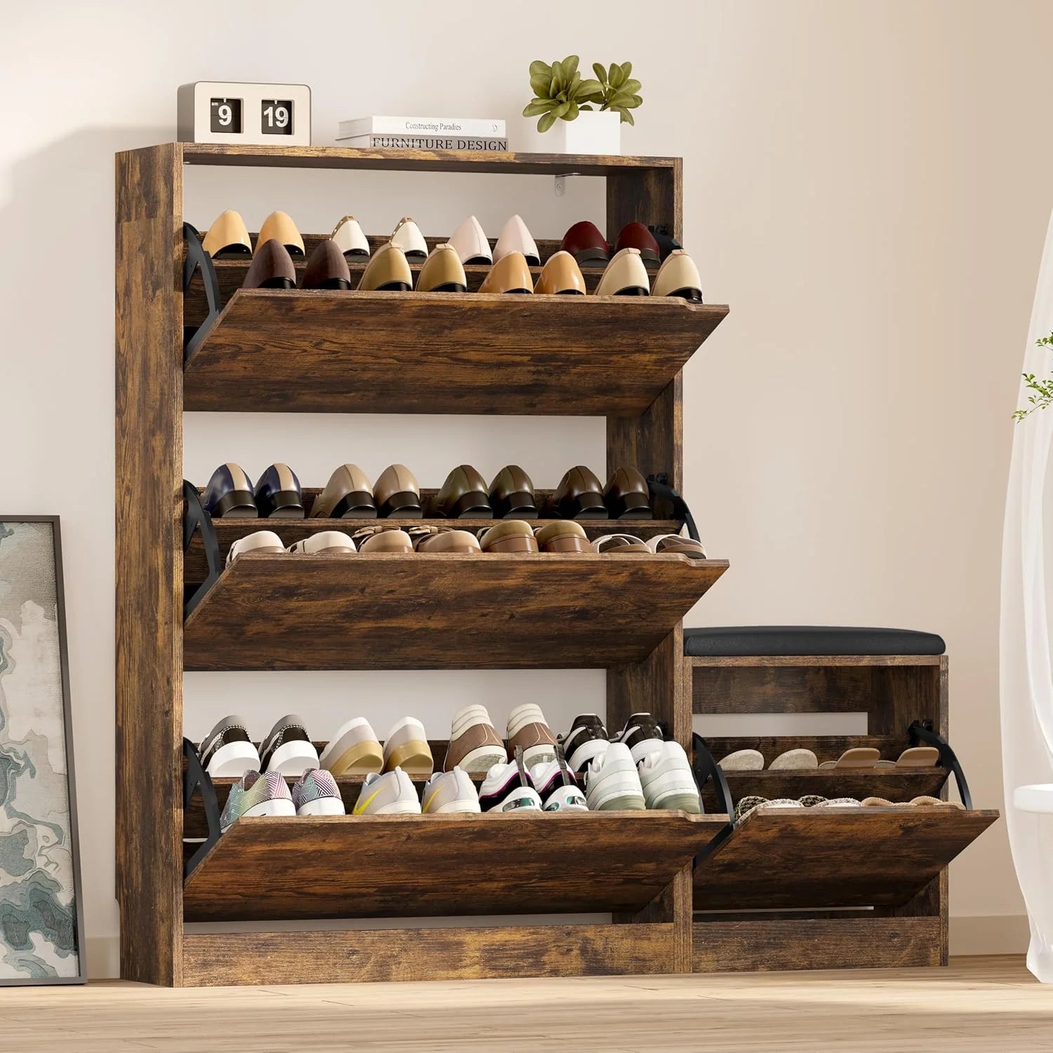 Shoe Cabinet with 3 Flip Drawers, Hidden Wood Shoe Cabinet,Freestanding Shoe Storage Cabinet