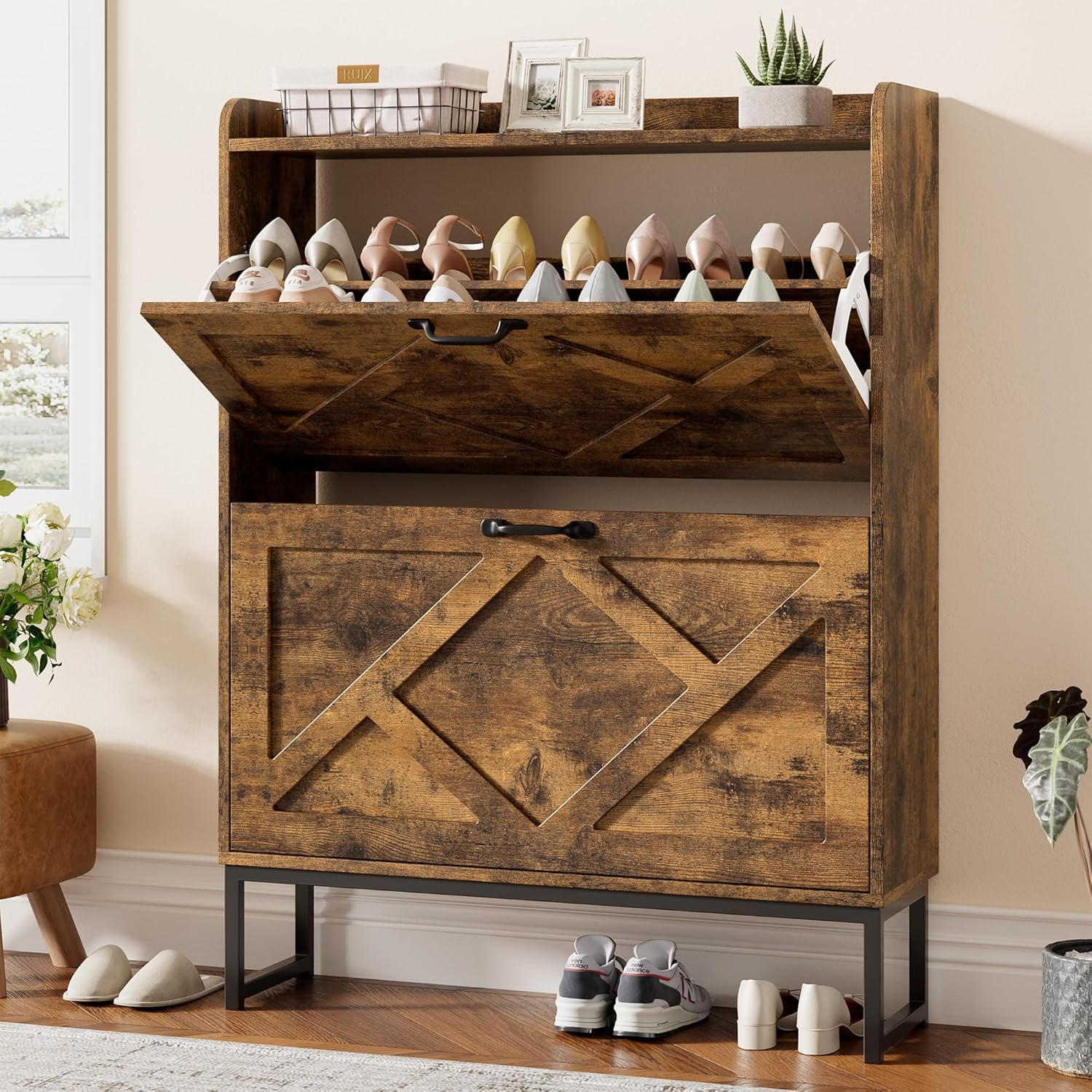 Nicetree Shoe Cabinet with 2 Flip Drawers Freestanding Shoe Storage Cabinet Narrow Shoe Cabinet