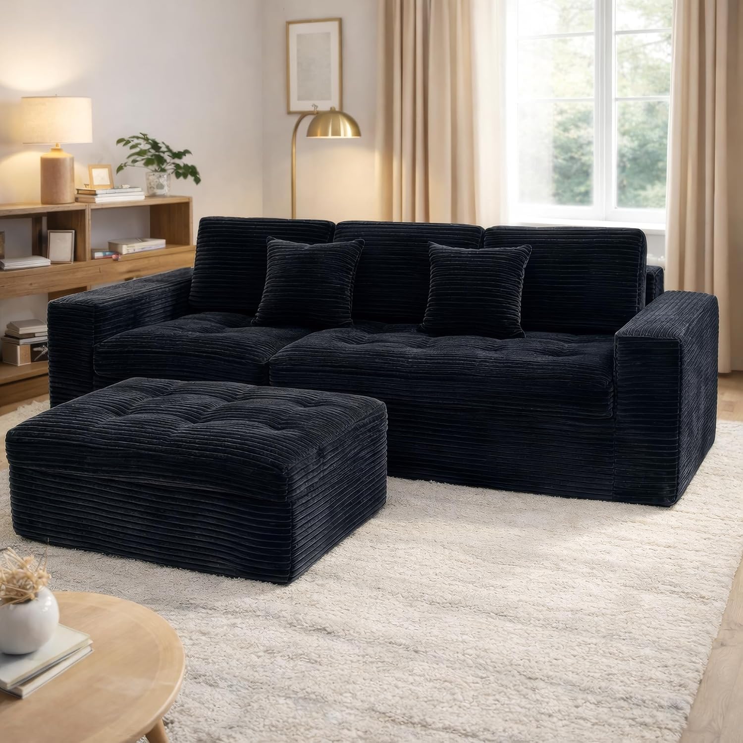 135" Oversized Compressed Sectional Sofa - 33D High-Density Foam Cloud Couch with Deep Seat - Minimalist 3-Piece Corduroy Upholstered Boneless Modular Lounge Couch | Breathable material, Full Foam, Anti-slip