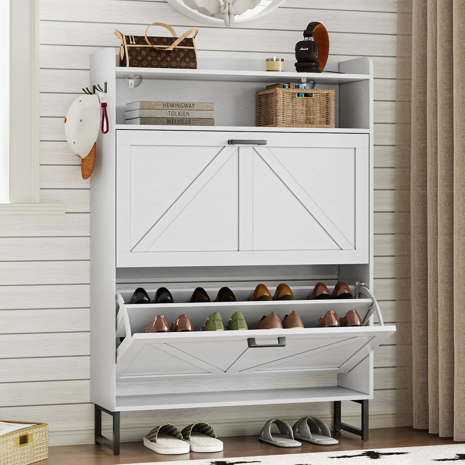 Shoe cabinet with 2 flip-top drawers Narrow shoe storage cabinet