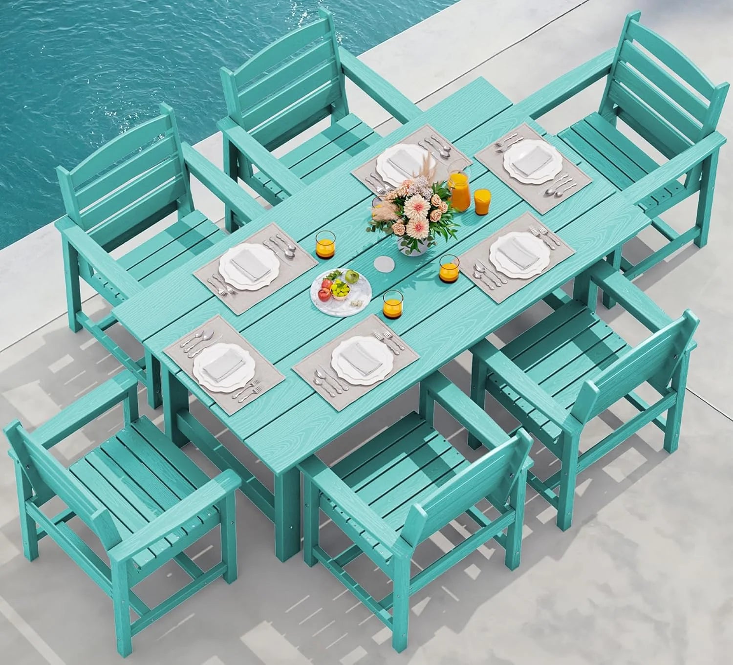 SERWALL 7-Piece Patio Dining Table Sets, Outdoor HDPE Dining Furniture Set with Umbrella Hole Cut-Out Table and 6 Chairs, Blue