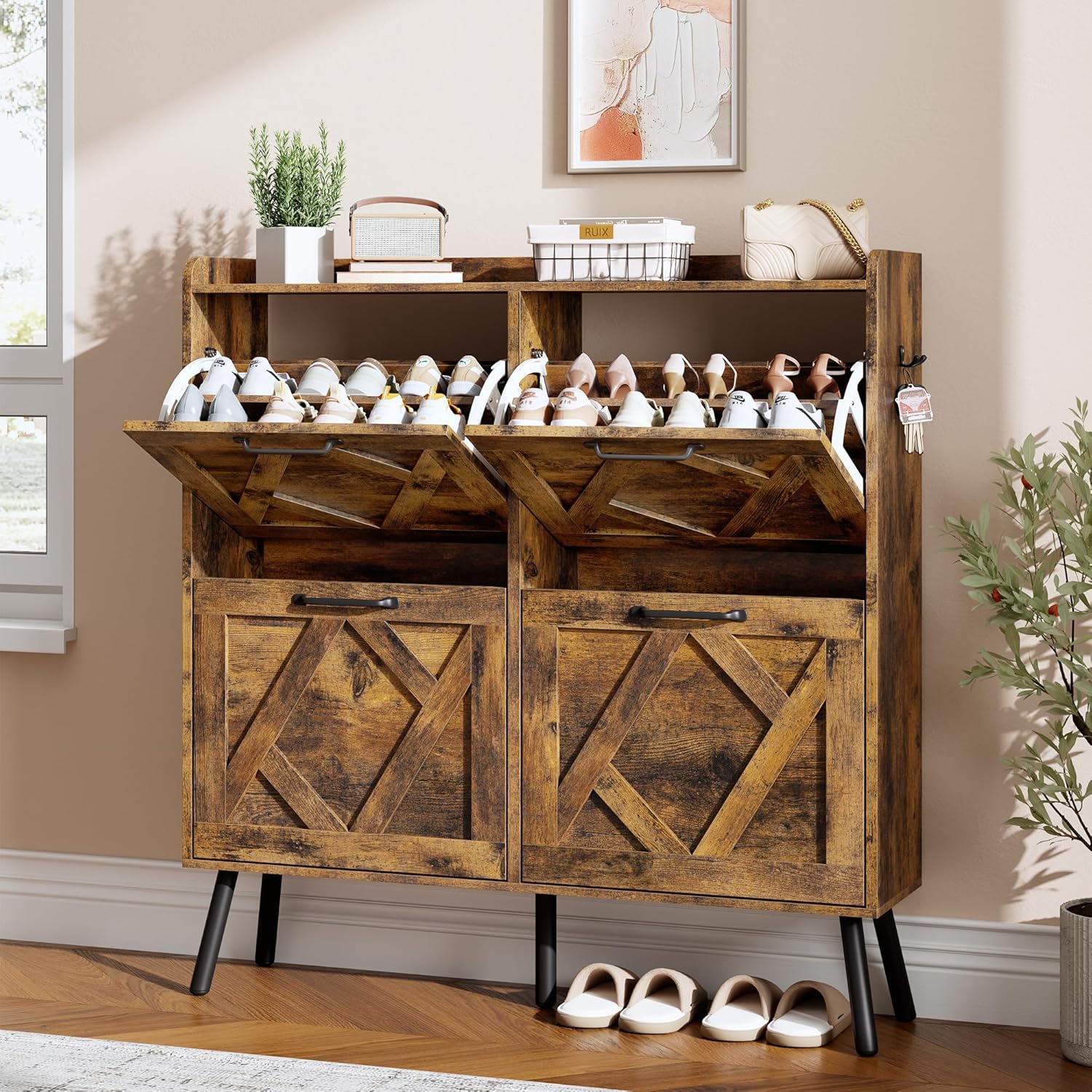 Nicetree Shoe Cabinet with 2 Flip Drawers Freestanding Shoe Storage Cabinet Narrow Shoe Cabinet