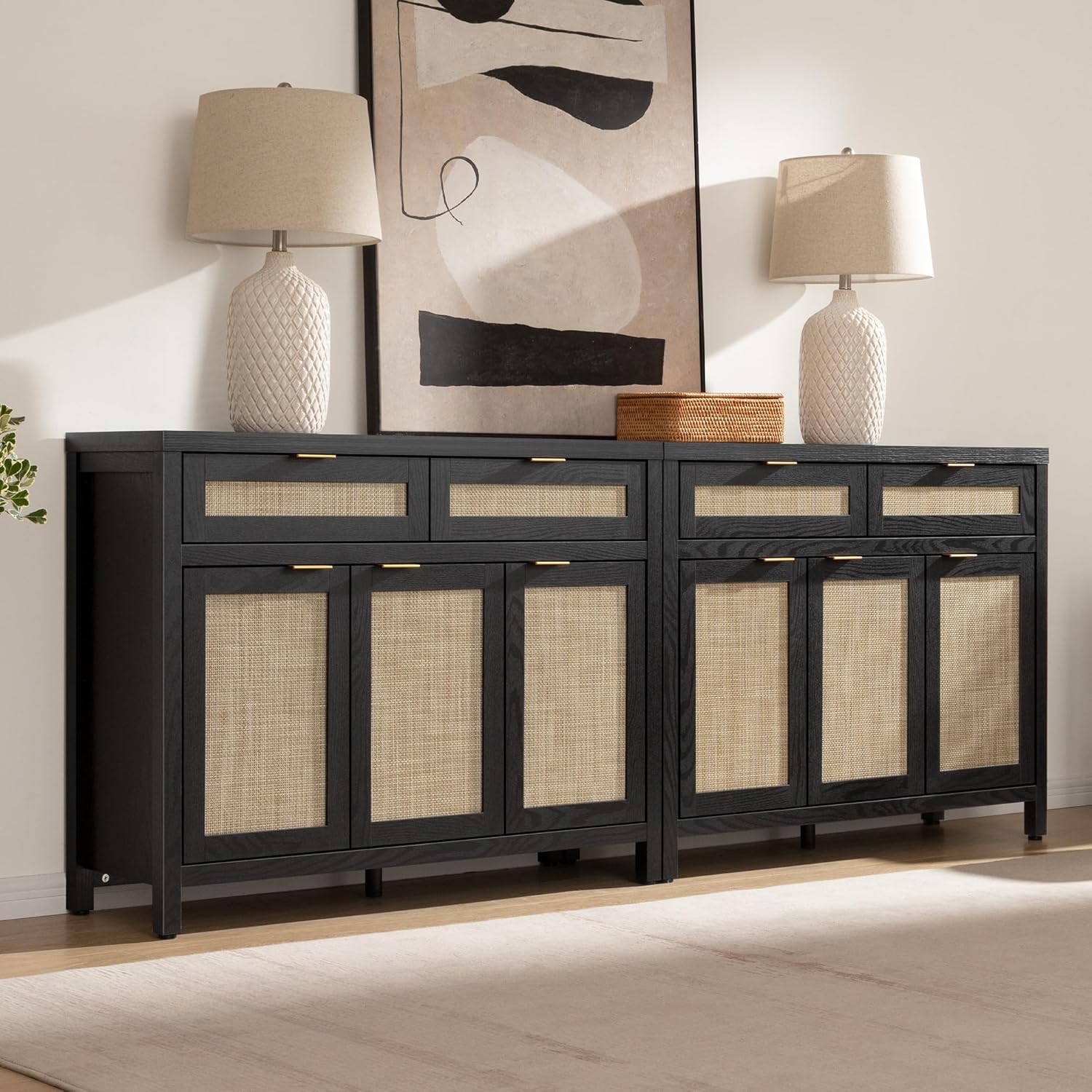 SICOTAS Rattan Sideboard Buffet Cabinet with Storage Boho Credenza Accent Cabinet with 3 Doors