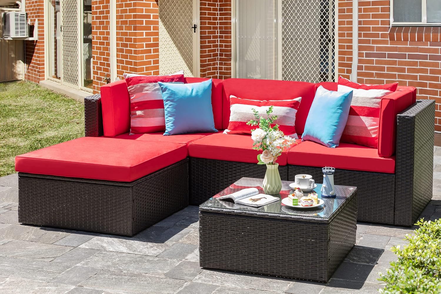 Vongrasig 5 Piece Patio Furniture Sets, Outdoor Patio Set Sectional Sofa, All-Weather PE Rattan Outdoor Couch with Ottoman, Glass Table for Garden, Backyard, Porch, Beige