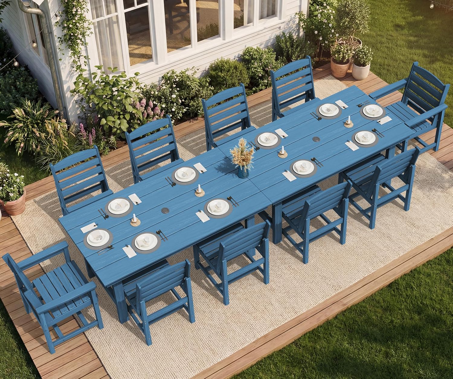 SERWALL 7-Piece Patio Dining Table Sets, Outdoor HDPE Dining Furniture Set with Umbrella Hole Cut-Out Table and 6 Chairs, Blue
