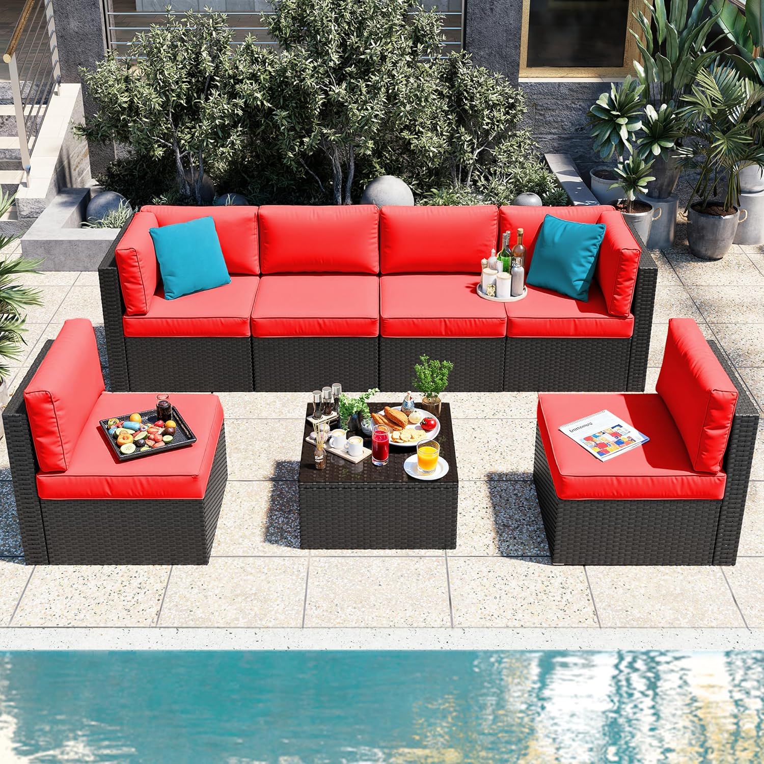 Vongrasig 5 Piece Patio Furniture Sets, Outdoor Patio Set Sectional Sofa, All-Weather PE Rattan Outdoor Couch with Ottoman, Glass Table for Garden, Backyard, Porch, Beige