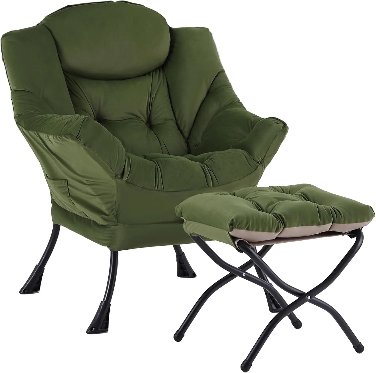 Welnow Lazy Chair with Ottoman, Modern Accent Chair with Armrests and a Side Pocket, Leisure Sofa Armchair, Reading Armchair with Footrest for Small Space, Dark Grey