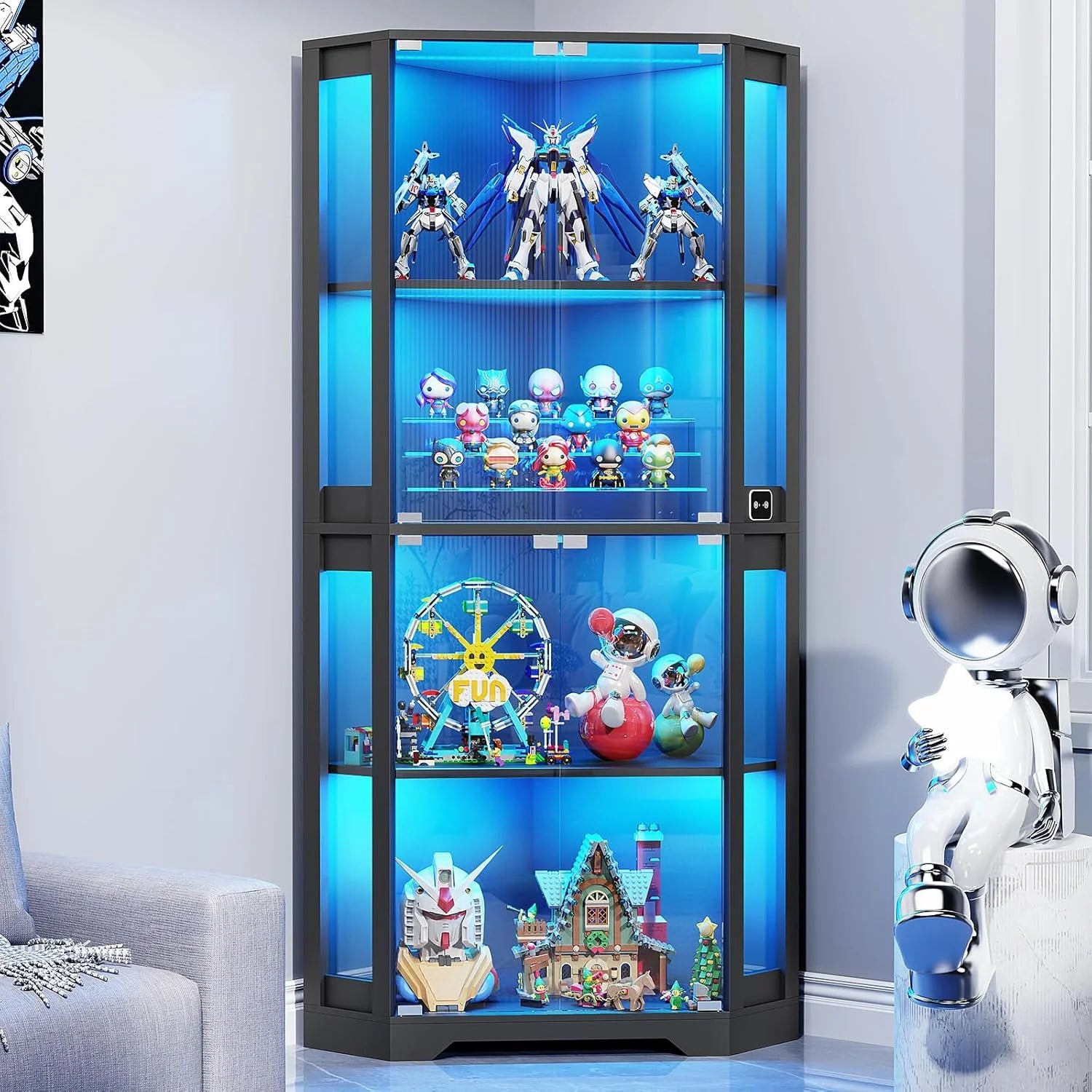 Corner Display Cabinet with Glass Doors, 65" Lighted Curio Cabinet with 3 Color Lights