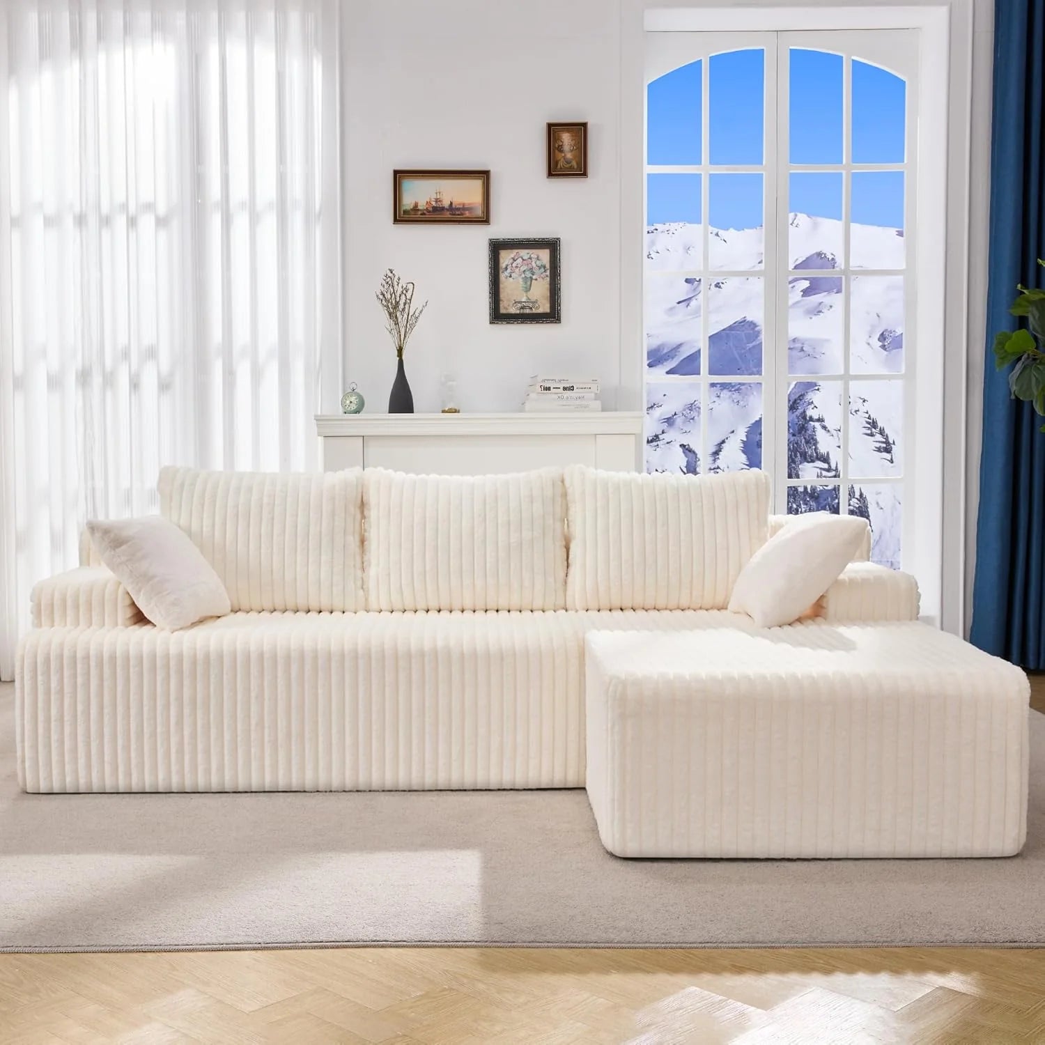 Modular Sectional Sofa Couches L-Shape Couch 3 Seat Modular Sofa Memory Foam Sectional Couches for Living Room, Cloud Couch with Oversized Chaise (Grey Stripe, 96" Left Facing Chaise)