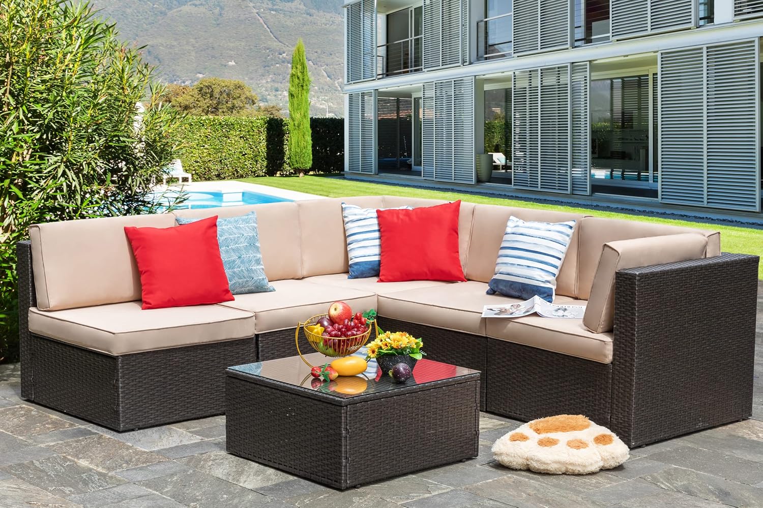 Vongrasig 5 Piece Patio Furniture Sets, Outdoor Patio Set Sectional Sofa, All-Weather PE Rattan Outdoor Couch with Ottoman, Glass Table for Garden, Backyard, Porch, Beige