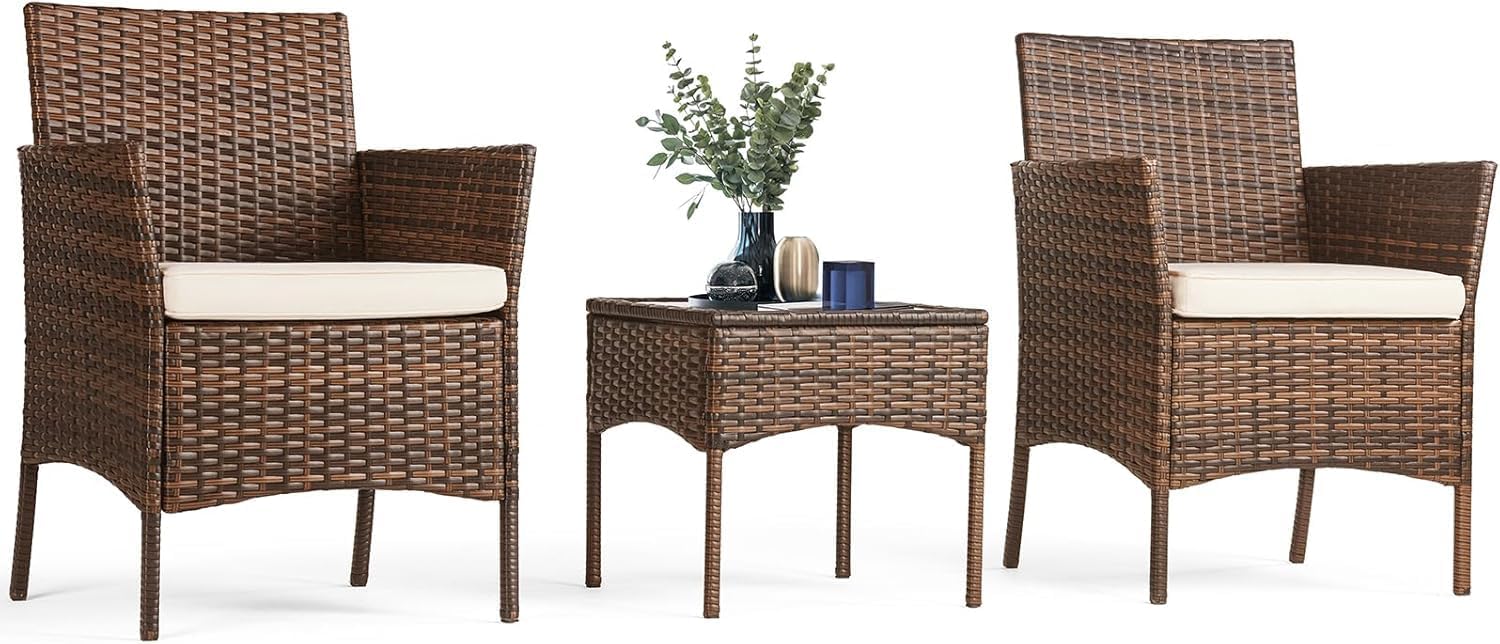 Sweetcripy Patio Furniture Set 3 Pieces Outdoor Furniture with Soft Cushion and Glass Table
