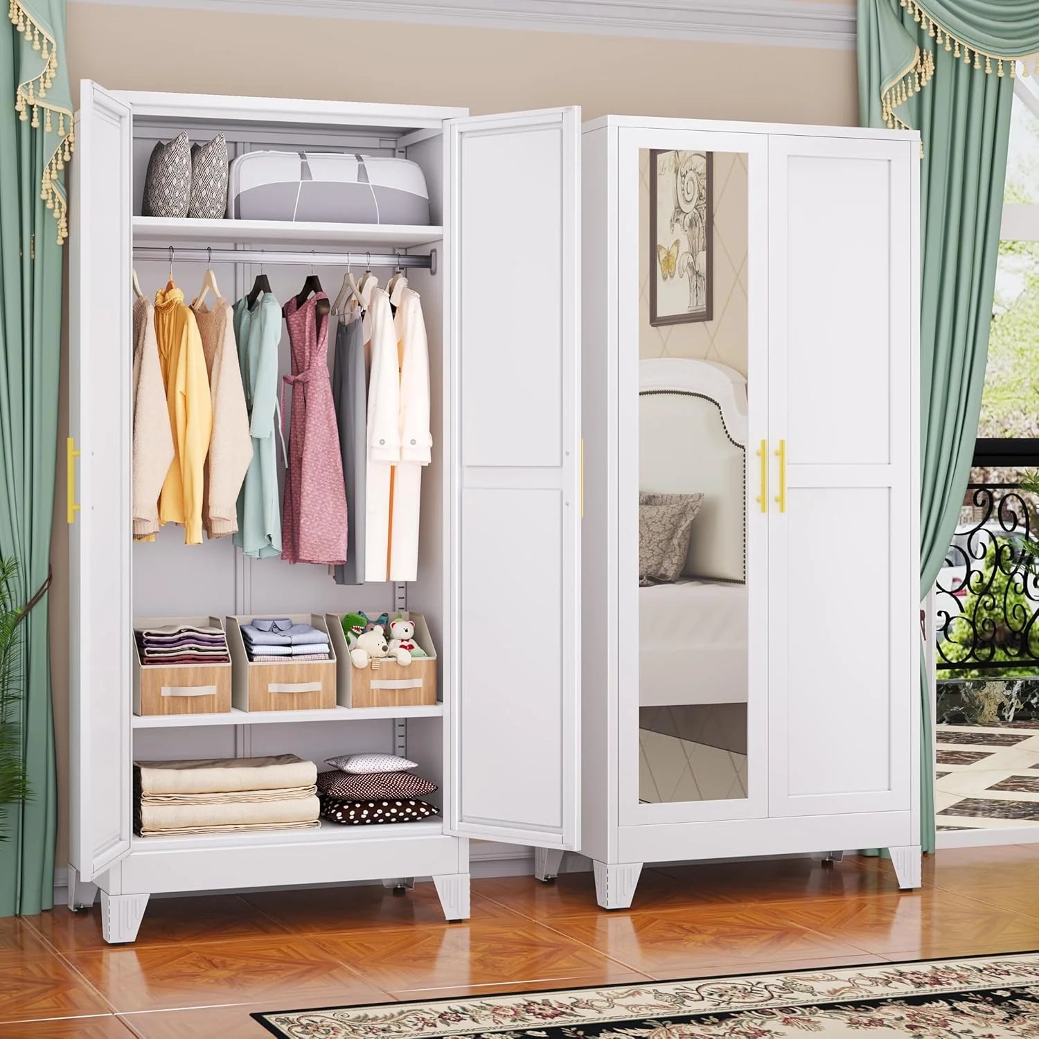 Steel Armoire Wardrobe Closet, 71" Metal Clothing Storage Cabinets