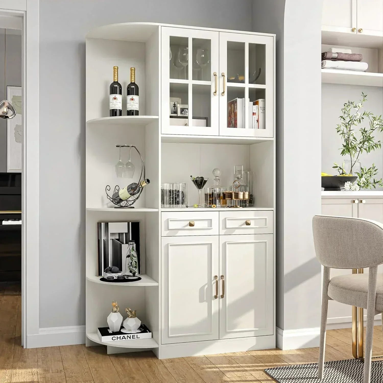 Kitchen Hutch Pantry Cabinet 71" Tall with Glass Doors