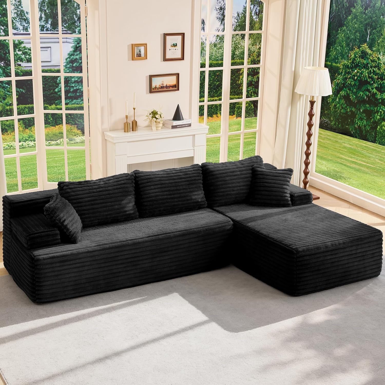 Modular Sectional Sofa Couches L-Shape Couch 3 Seat Modular Sofa Memory Foam Sectional Couches for Living Room, Cloud Couch with Oversized Chaise (Grey Stripe, 96" Left Facing Chaise)