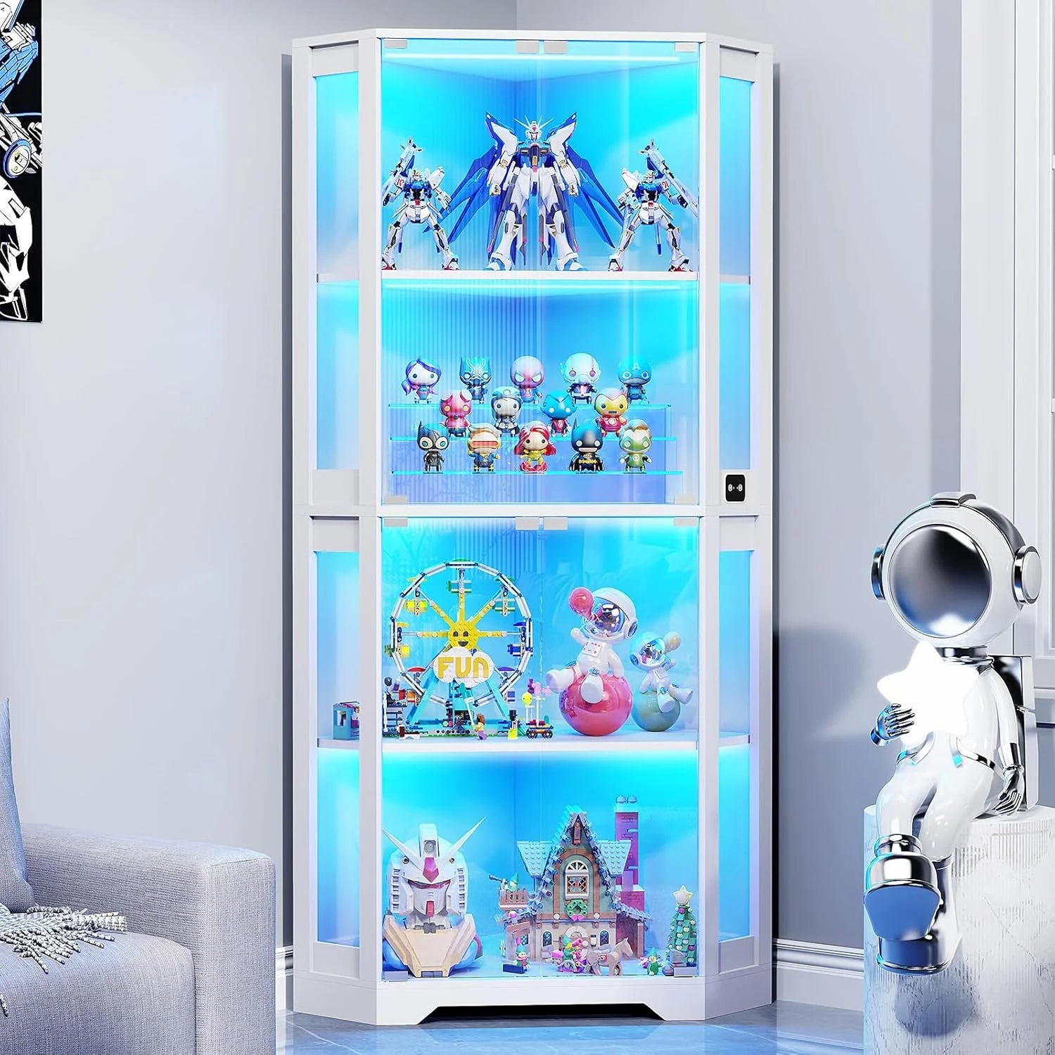 Corner Display Cabinet with Glass Doors, 65" Lighted Curio Cabinet with 3 Color Lights