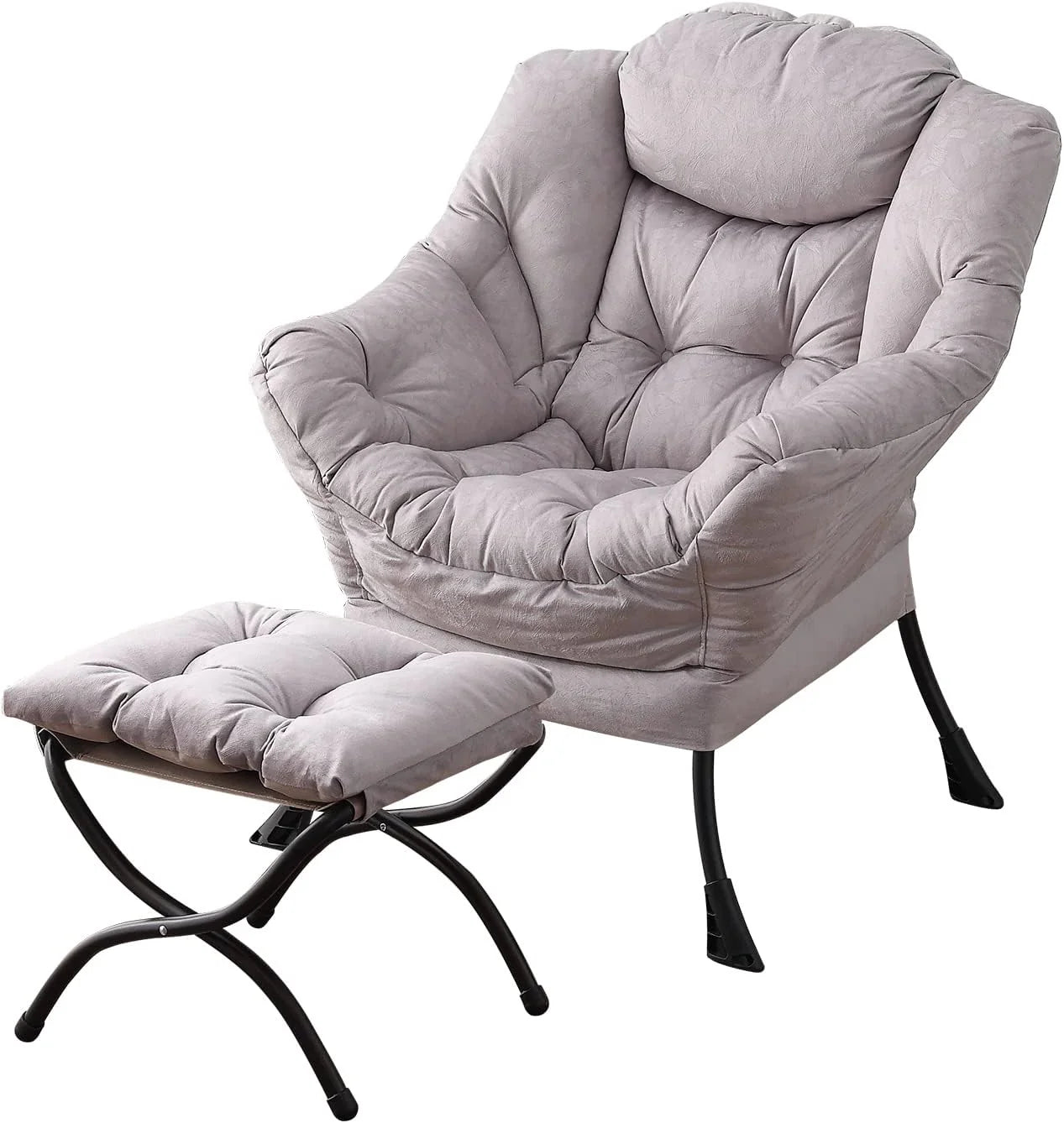 Welnow Lazy Chair with Ottoman, Modern Accent Chair with Armrests and a Side Pocket, Leisure Sofa Armchair, Reading Armchair with Footrest for Small Space, Dark Grey