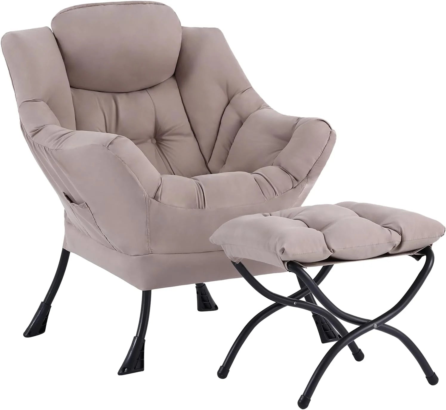 Welnow Lazy Chair with Ottoman, Modern Accent Chair with Armrests and a Side Pocket, Leisure Sofa Armchair, Reading Armchair with Footrest for Small Space, Dark Grey