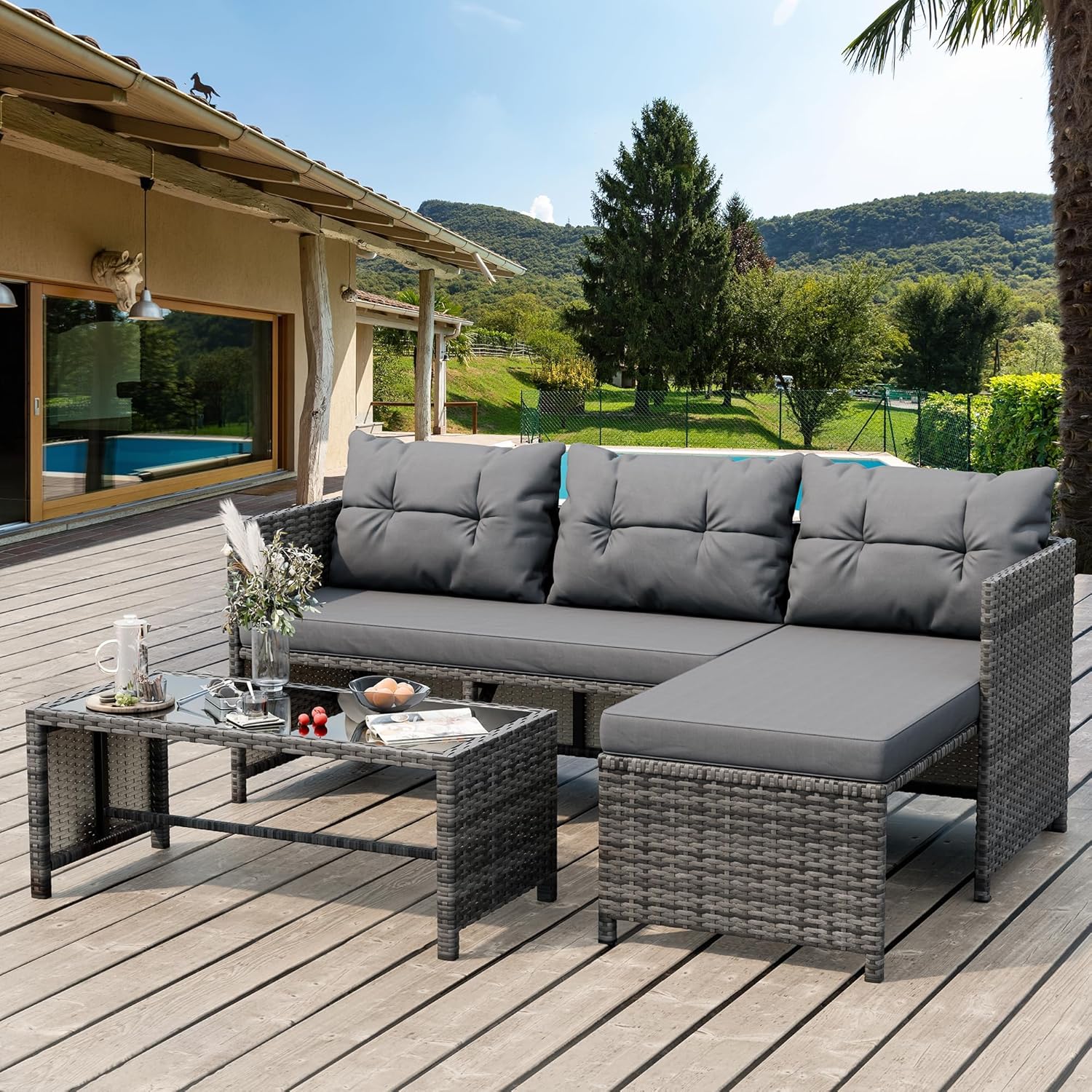 Shintenchi 3-Piece Outdoor Patio Furniture Sets, Wicker Patio Conversation Sets, All Weather Wicker Rattan Patio Seating Sofas with Glass Coffee Table and Cushion, Blue-Gray