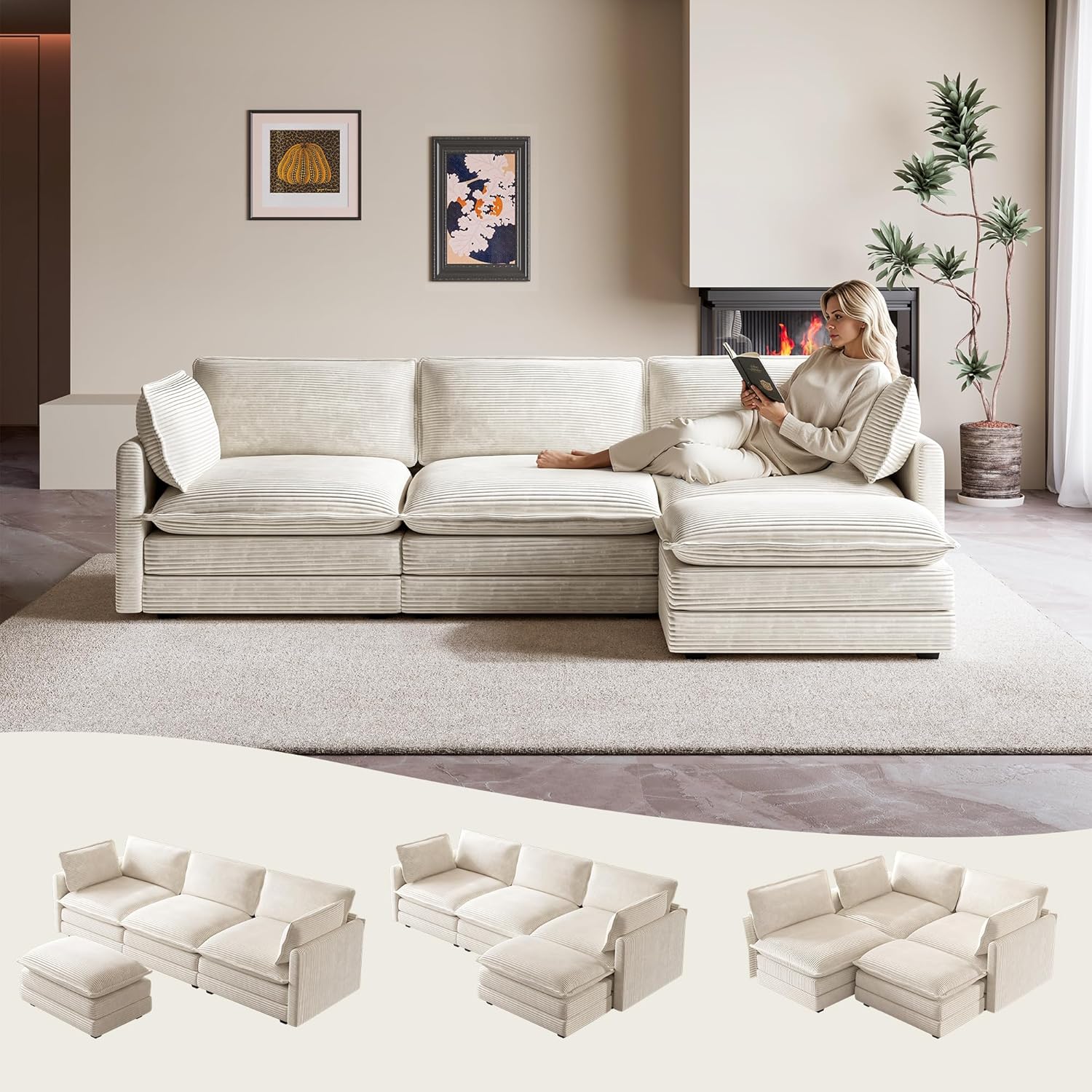 ROWHY Oversized Modular Sectional Sofa with Movable Ottoman, 112 Inch 4 Seat Modern Corduroy Sofa Set, Convertible L Shaped Couch for Living Room and Office, Beige