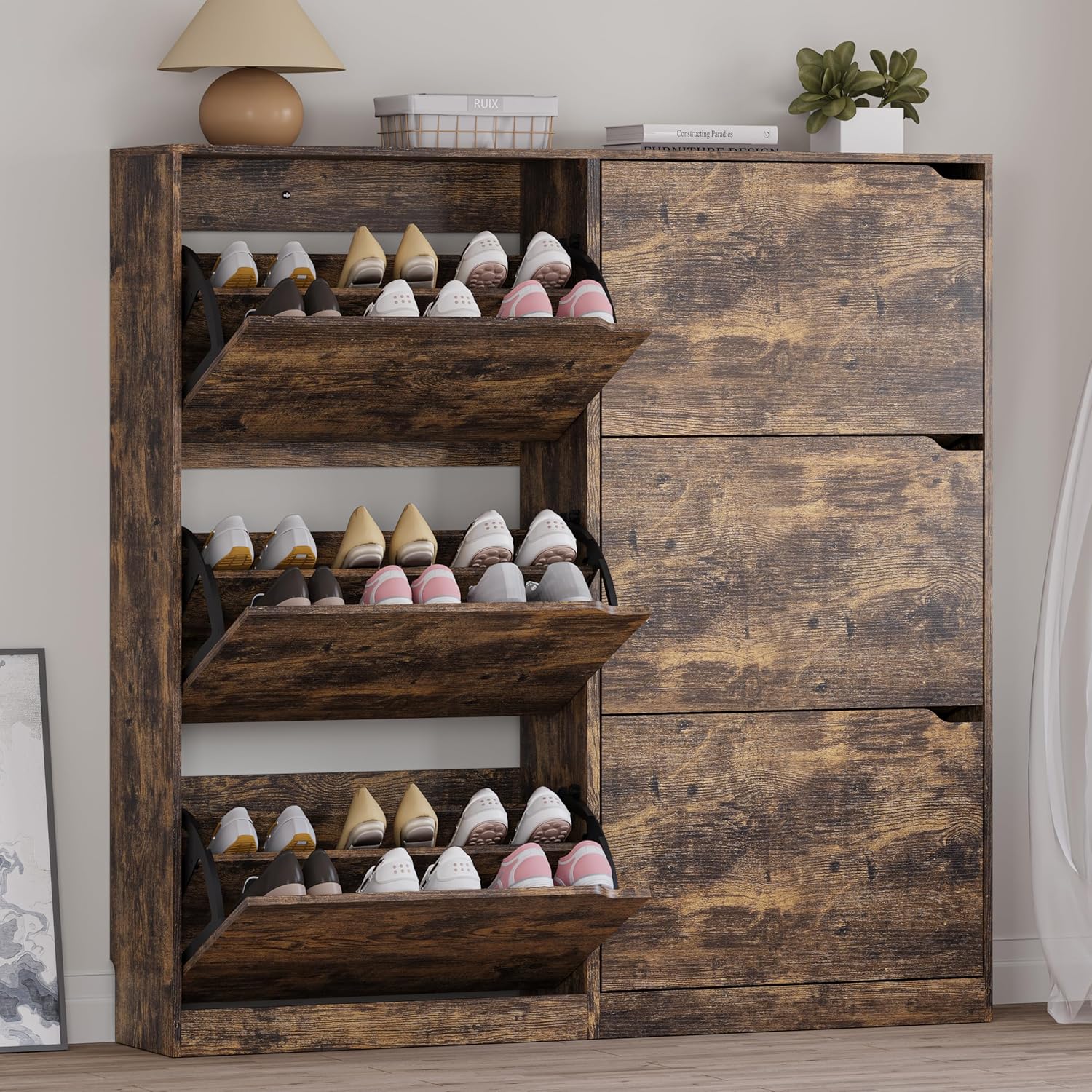 Shoe Cabinet with 3 Flip Drawers, Hidden Wood Shoe Cabinet,Freestanding Shoe Storage Cabinet