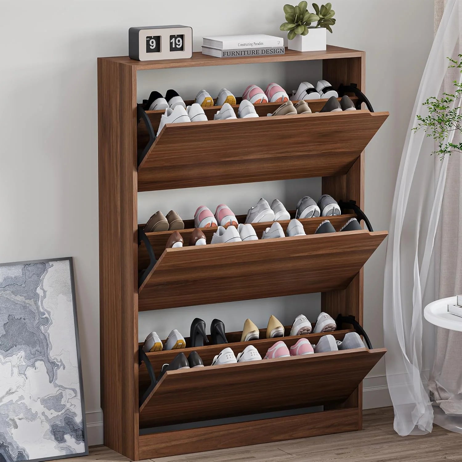 Shoe Cabinet with 3 Flip Drawers, Hidden Wood Shoe Cabinet,Freestanding Shoe Storage Cabinet