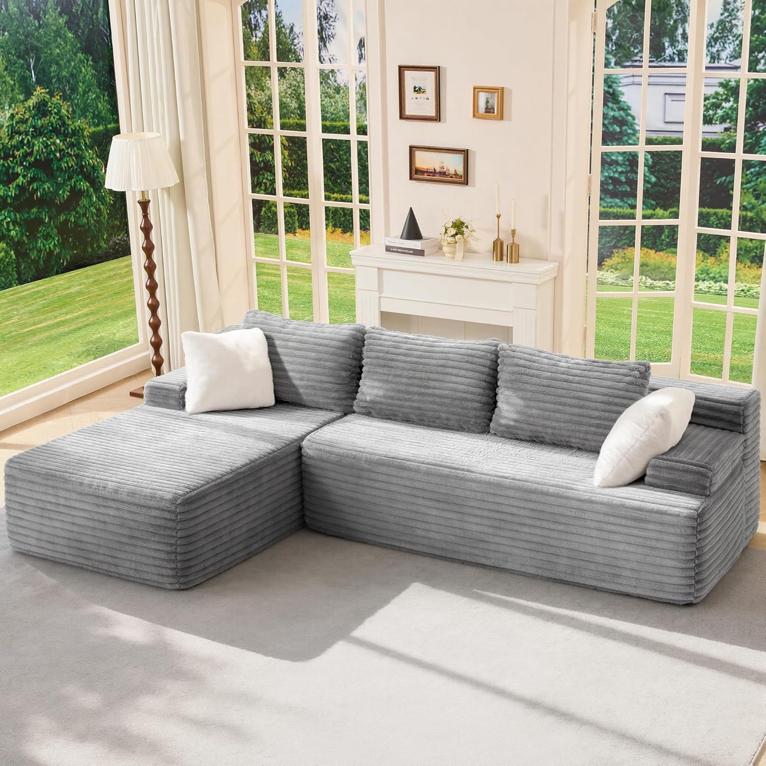 Modular Sectional Sofa Couches L-Shape Couch 3 Seat Modular Sofa Memory Foam Sectional Couches for Living Room, Cloud Couch with Oversized Chaise (Grey Stripe, 96" Left Facing Chaise)