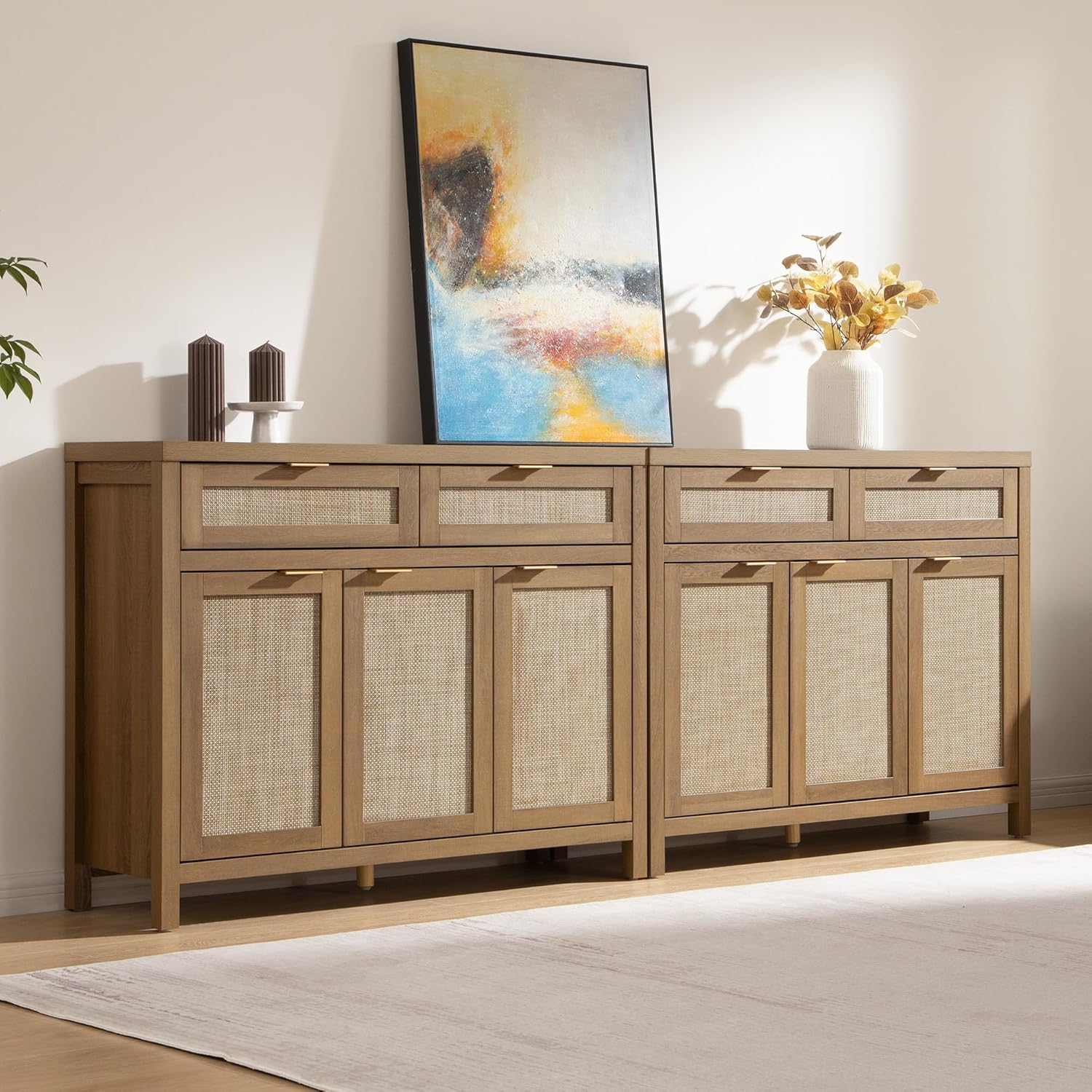 SICOTAS Rattan Sideboard Buffet Cabinet with Storage Boho Credenza Accent Cabinet with 3 Doors