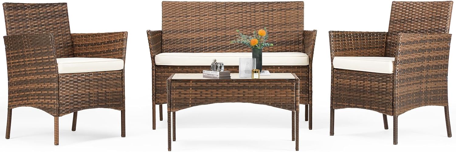 Sweetcripy Patio Furniture Set 3 Pieces Outdoor Furniture with Soft Cushion and Glass Table