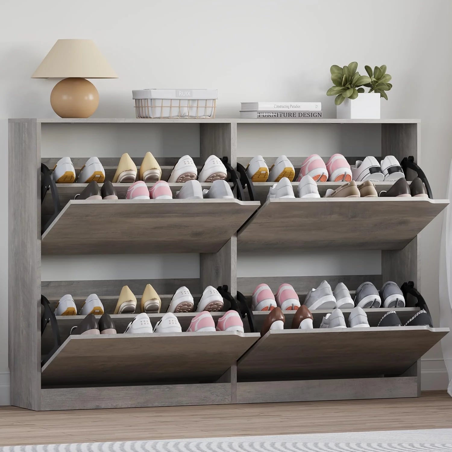 Shoe Cabinet with 3 Flip Drawers Hidden Wood Shoe Cabinet Freestanding Shoe Storage Cabinet